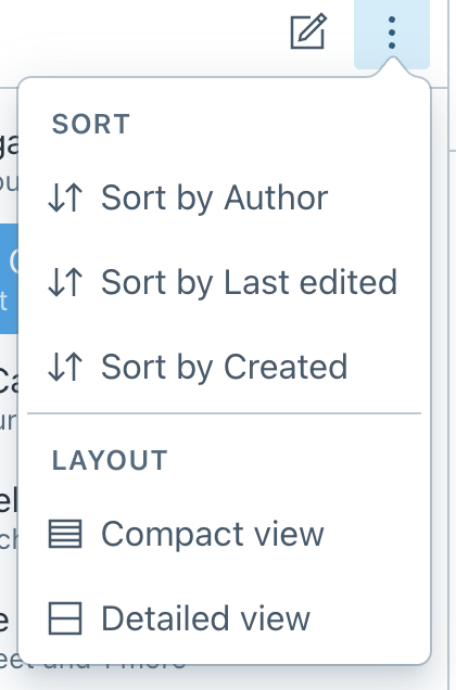 screenshot of kebab button and opened popover with sort and layout options